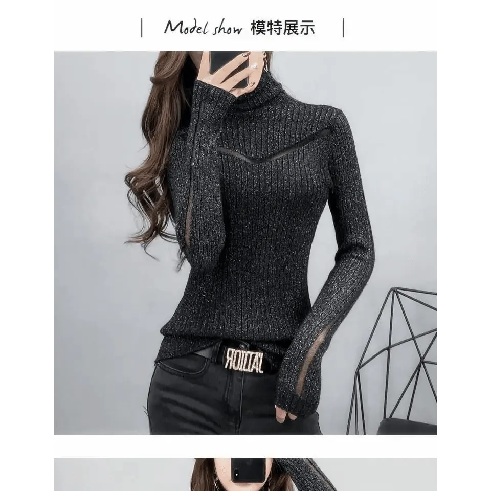 Top Quality Turtleneck Sweater Slim For Females Long-Sleeved Perspective Net Knitwear Bright Pull Ladies Sweaters Pullover Top