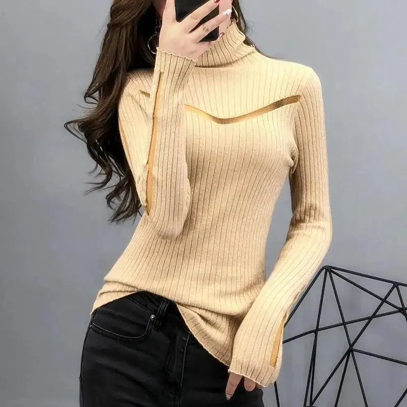 Top Quality Turtleneck Sweater Slim For Females Long-Sleeved Perspective Net Knitwear Bright Pull Ladies Sweaters Pullover Top