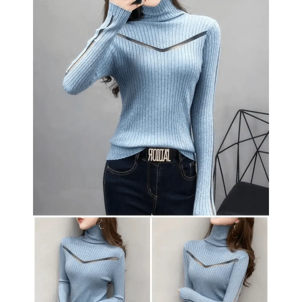 Top Quality Turtleneck Sweater Slim For Females Long-Sleeved Perspective Net Knitwear Bright Pull Ladies Sweaters Pullover Top