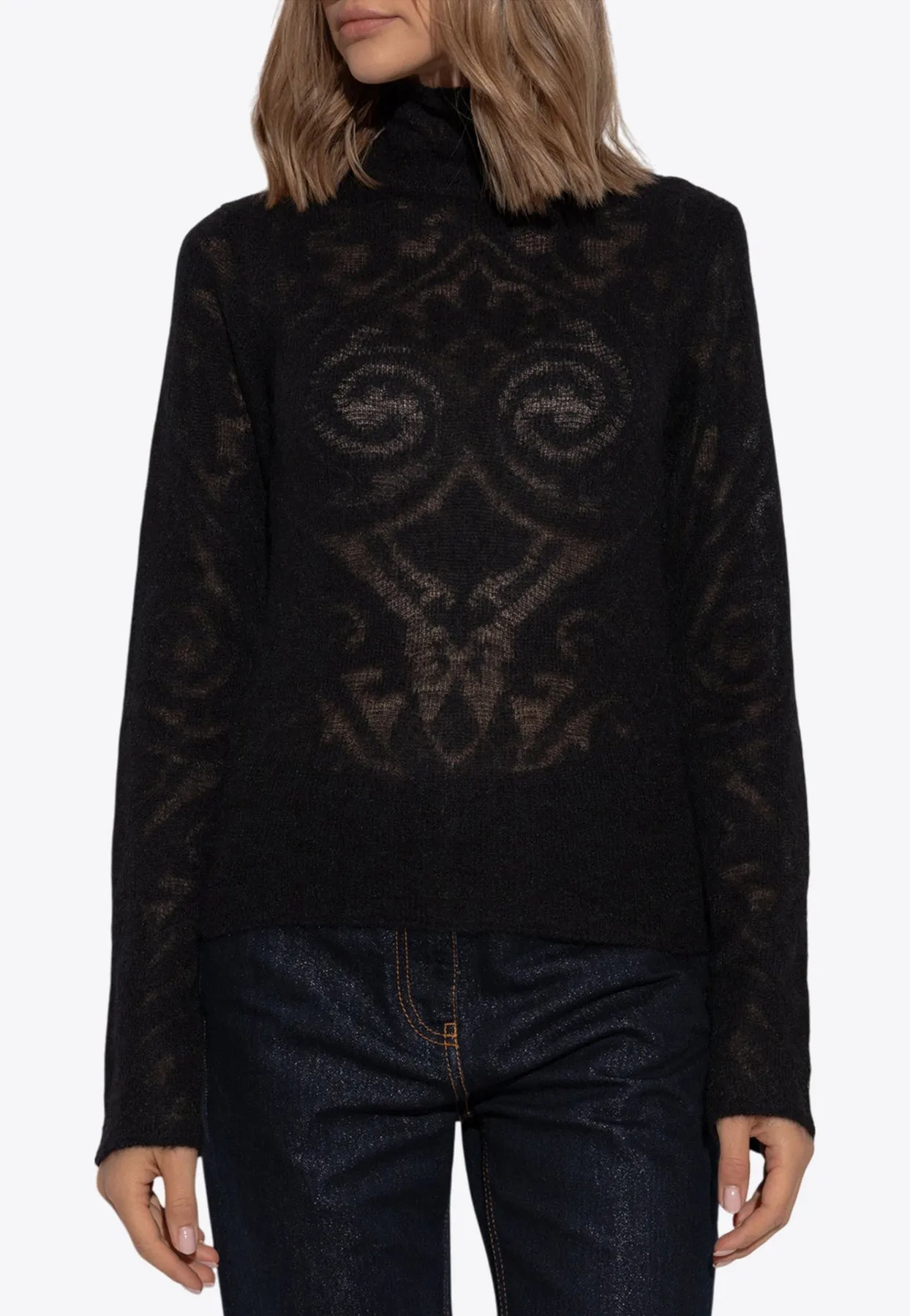 Turtleneck Jacquard Sweater in Brushed-Effect