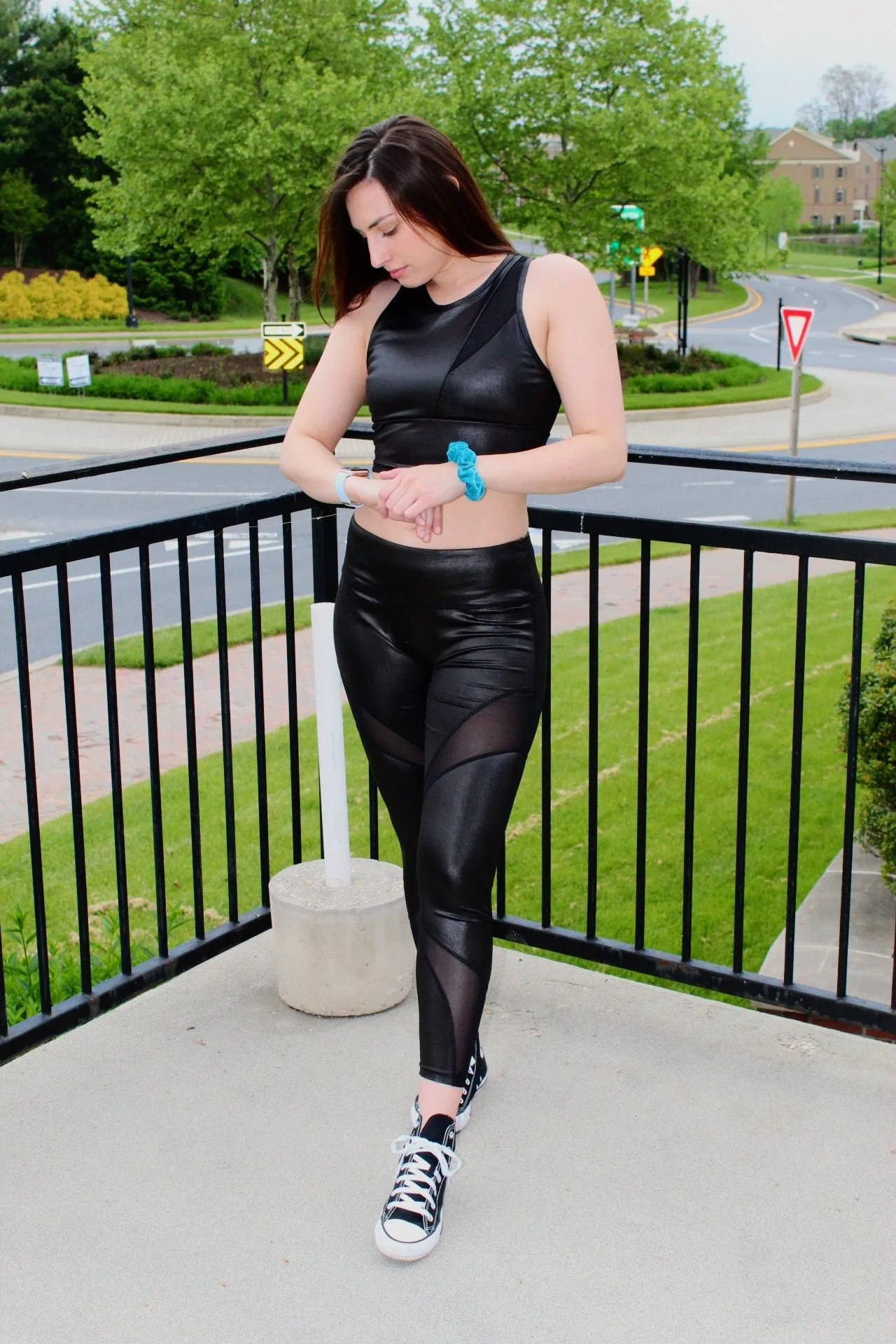 Vegan Leather Crop Bra Leggings Black