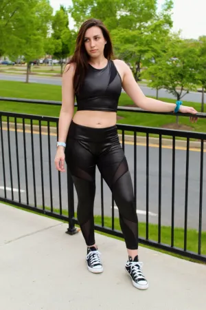 Vegan Leather Crop Bra Leggings Black