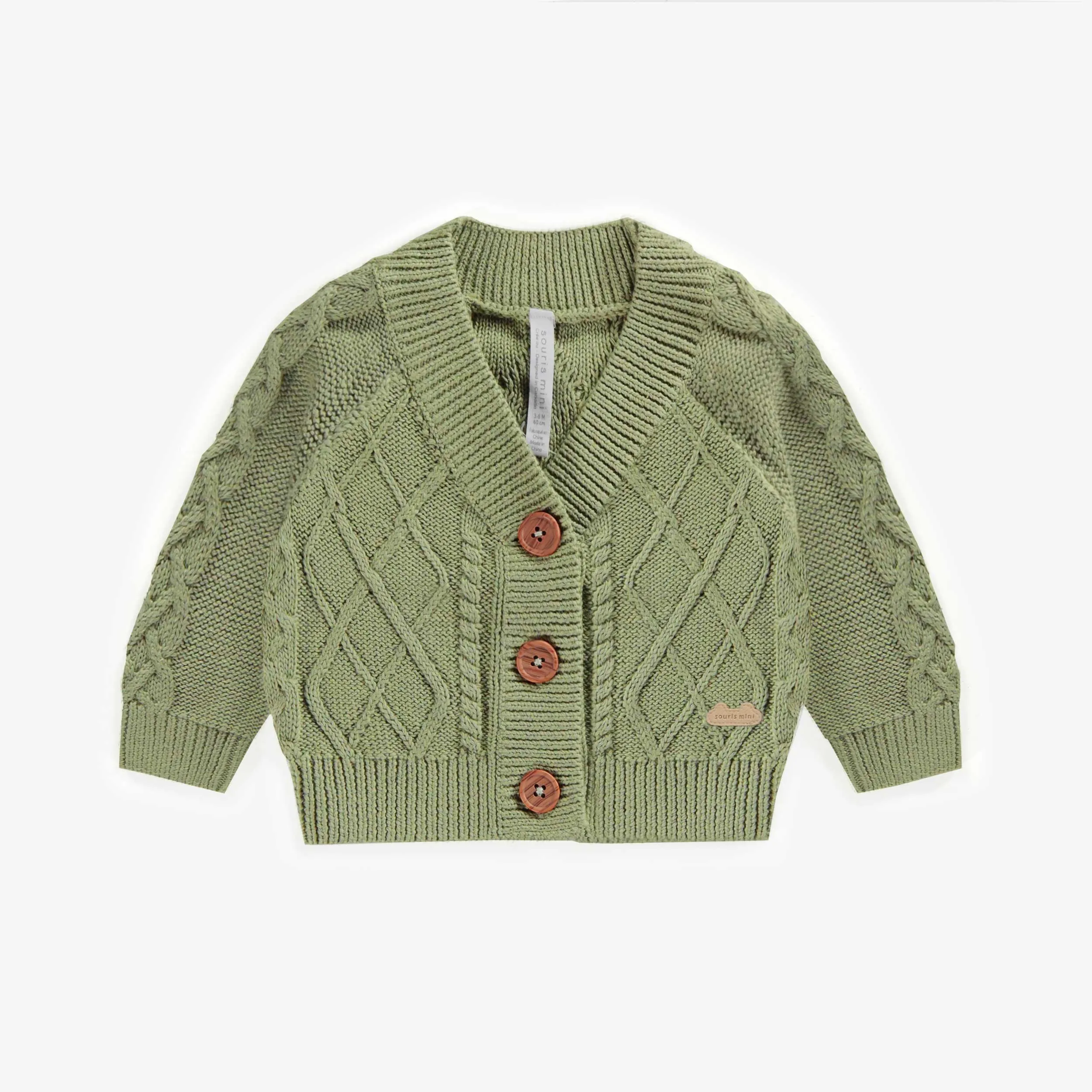 Veste de maille verte tressée, naissance || Green braided knit vest, newborn