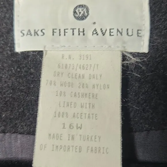 Vintage 80's-90's Saks Fifth Avenue Wool &amp; Cashmere Blend Dark Grey Peacoat Sz16