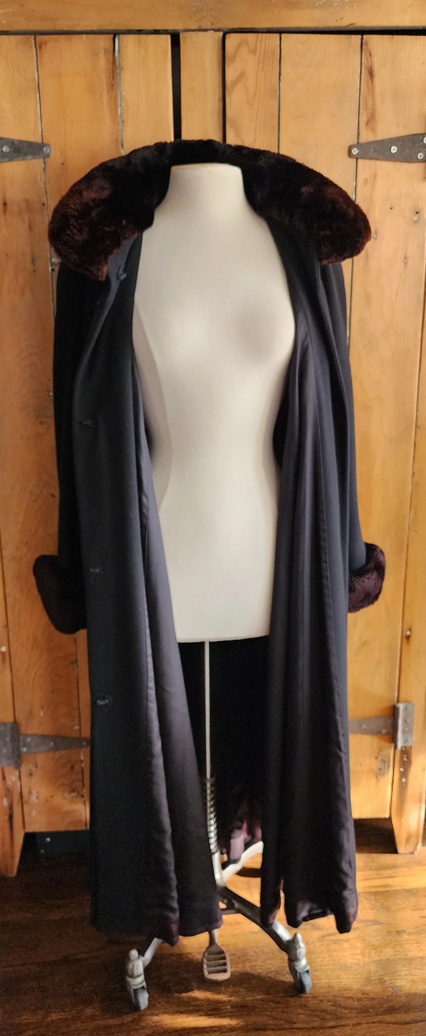 Vintage 80s Black Cashmere Swing Coat Sheared Beaver Fur Collar Cuffs Searle