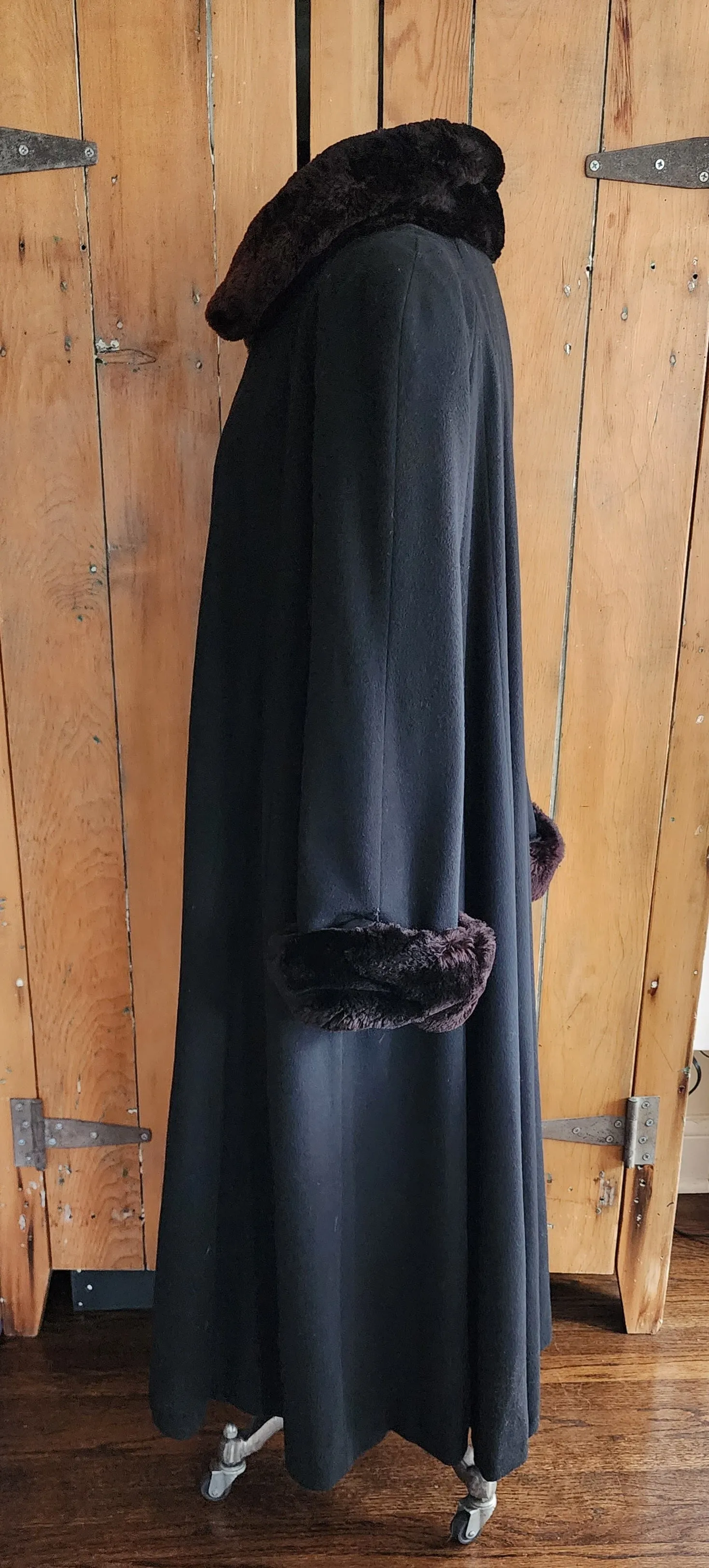 Vintage 80s Black Cashmere Swing Coat Sheared Beaver Fur Collar Cuffs Searle