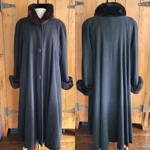 Vintage 80s Black Cashmere Swing Coat Sheared Beaver Fur Collar Cuffs Searle