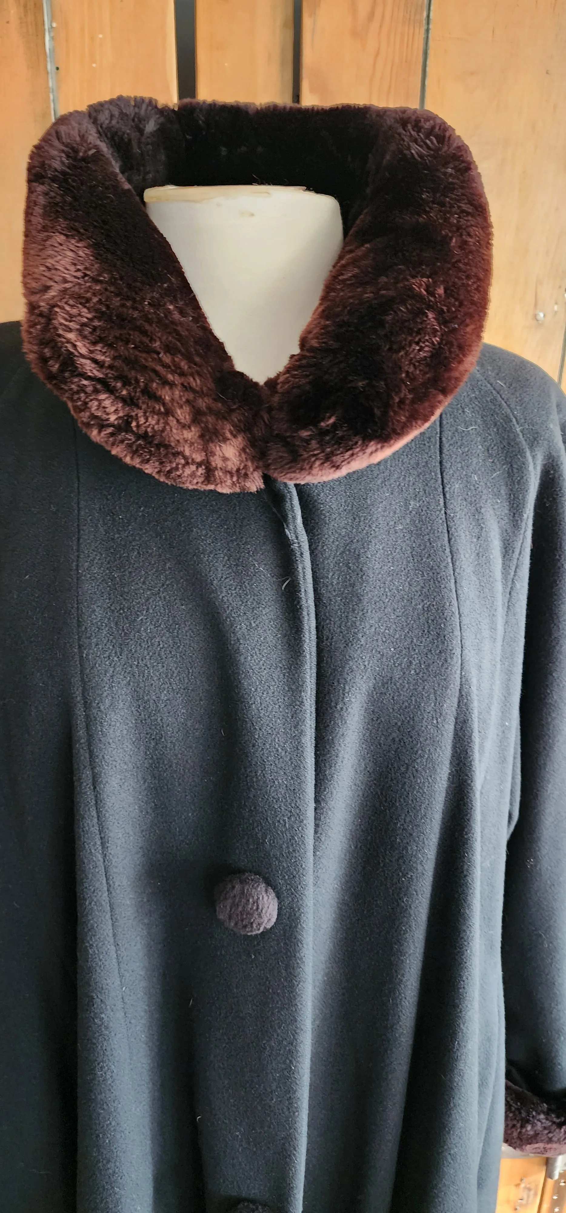 Vintage 80s Black Cashmere Swing Coat Sheared Beaver Fur Collar Cuffs Searle