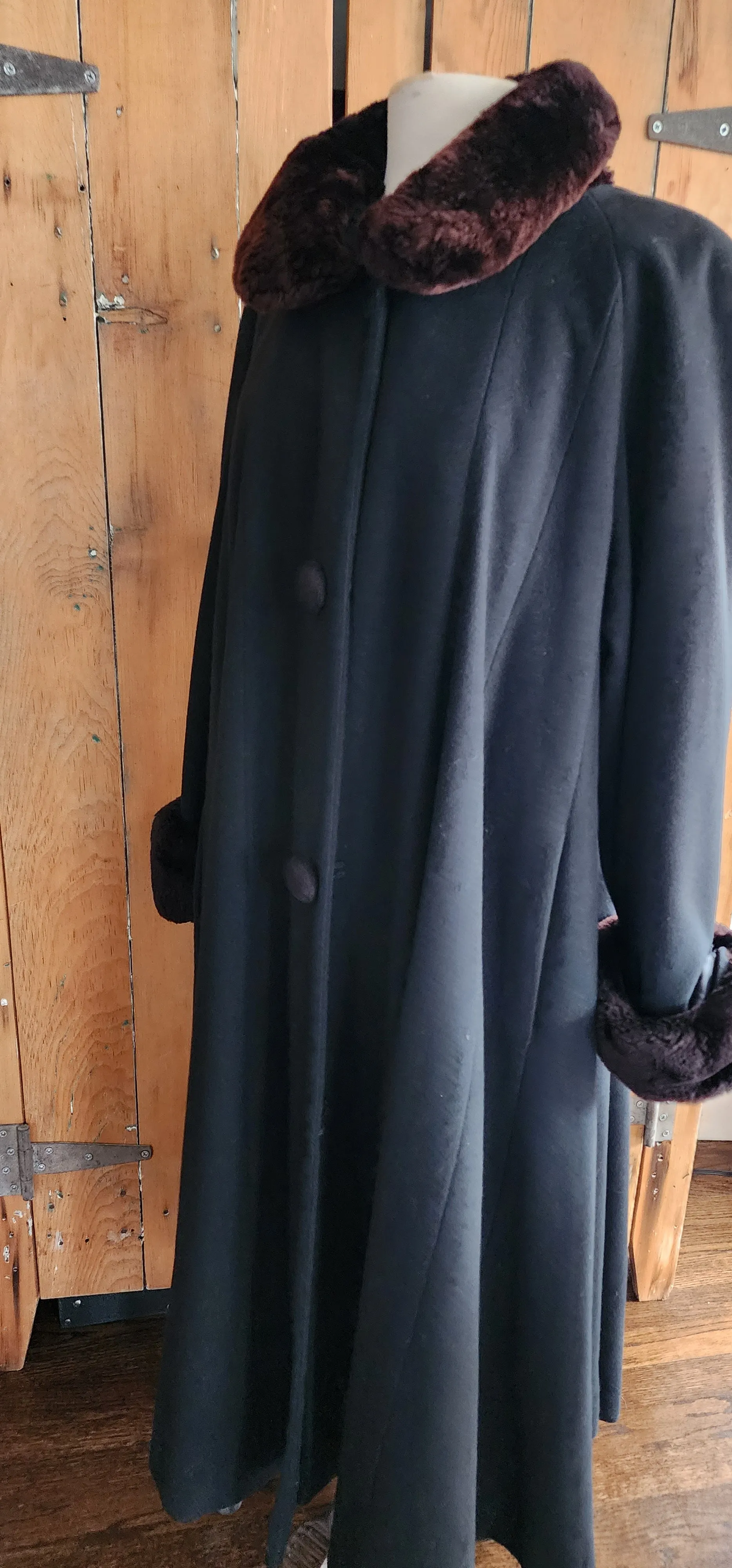 Vintage 80s Black Cashmere Swing Coat Sheared Beaver Fur Collar Cuffs Searle