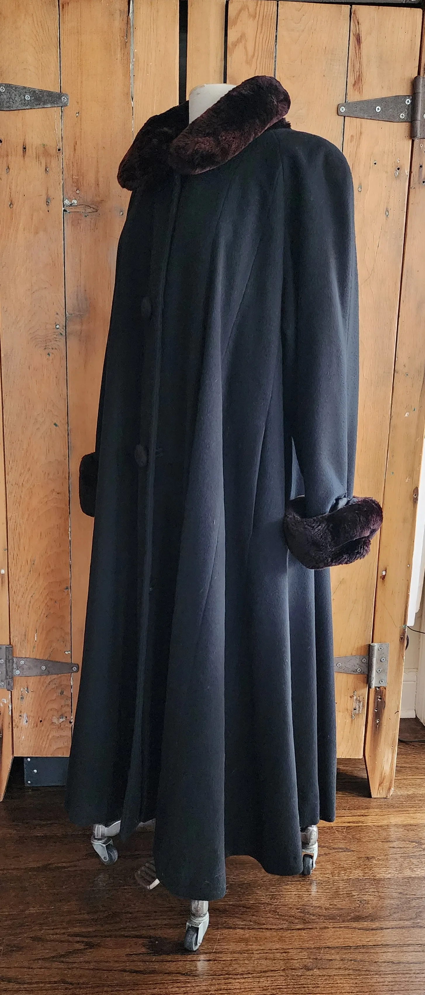 Vintage 80s Black Cashmere Swing Coat Sheared Beaver Fur Collar Cuffs Searle