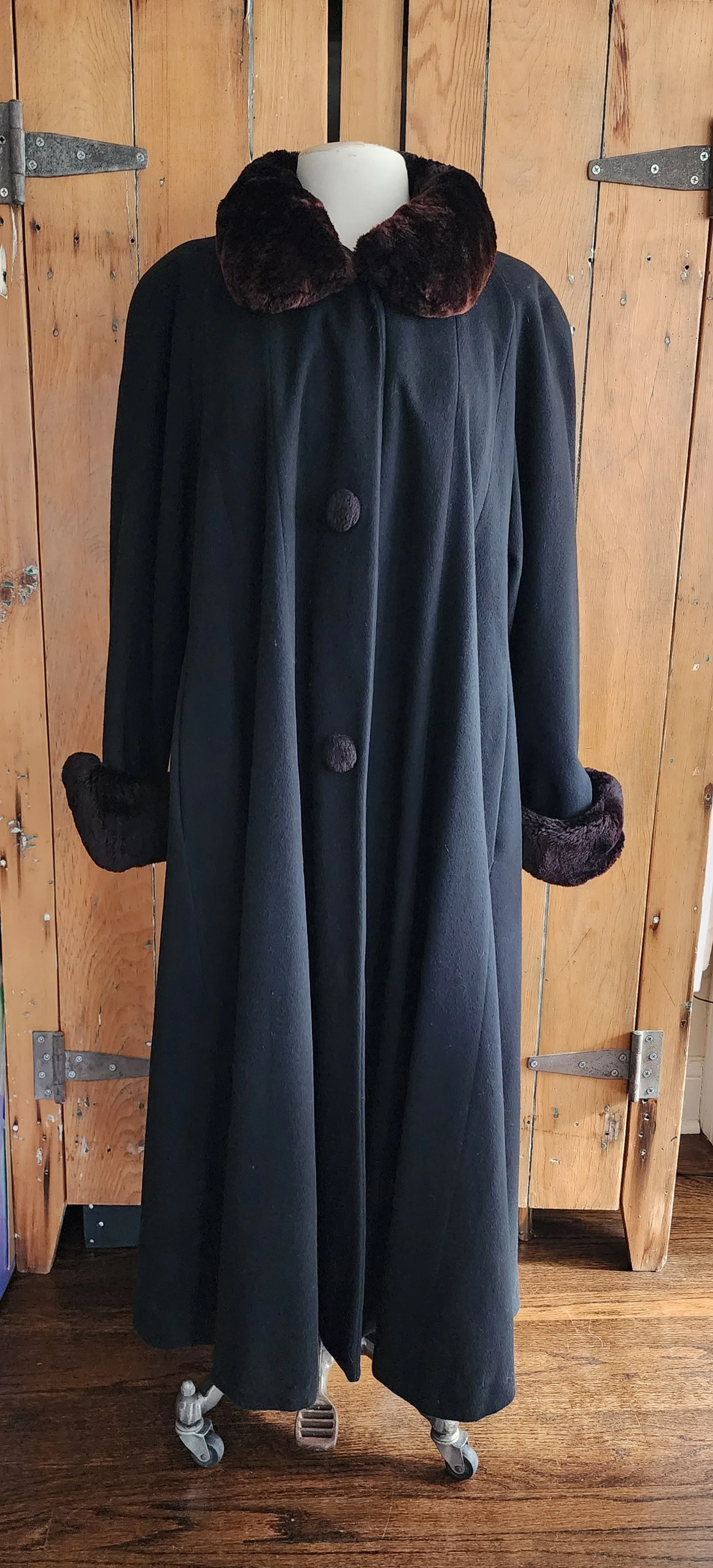 Vintage 80s Black Cashmere Swing Coat Sheared Beaver Fur Collar Cuffs Searle