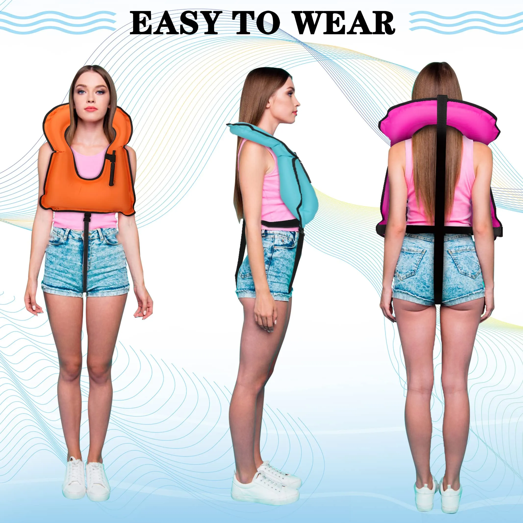 Wettarn 4 Pcs Snorkel Vest Adults Portable Inflatable Swim Vest Buoyancy Aid Swim Jackets with Portable Storage Bag for Adult Youth Kids Snorkeling Swimming Diving Safety, Green, Orange, Blue, Pink