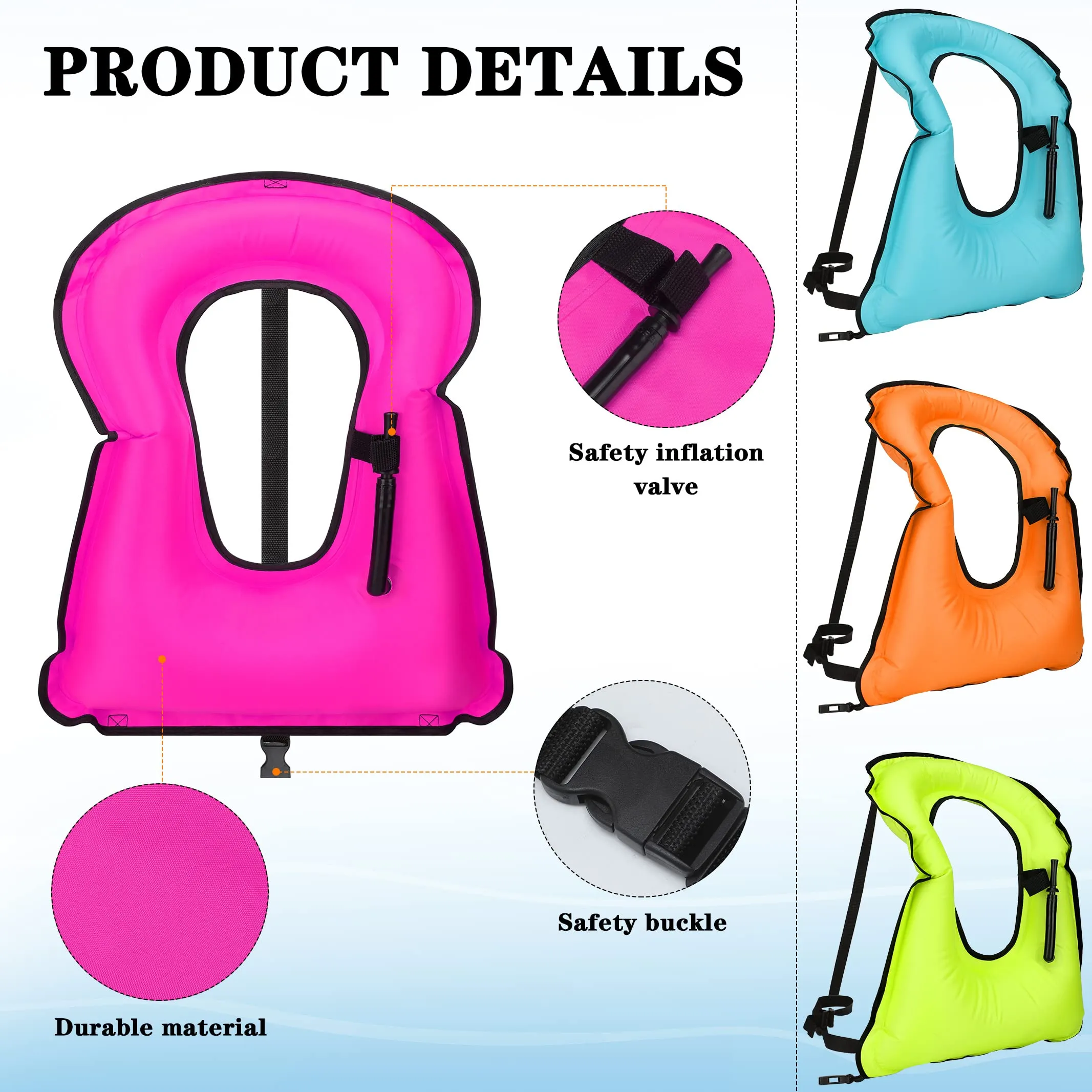 Wettarn 4 Pcs Snorkel Vest Adults Portable Inflatable Swim Vest Buoyancy Aid Swim Jackets with Portable Storage Bag for Adult Youth Kids Snorkeling Swimming Diving Safety, Green, Orange, Blue, Pink