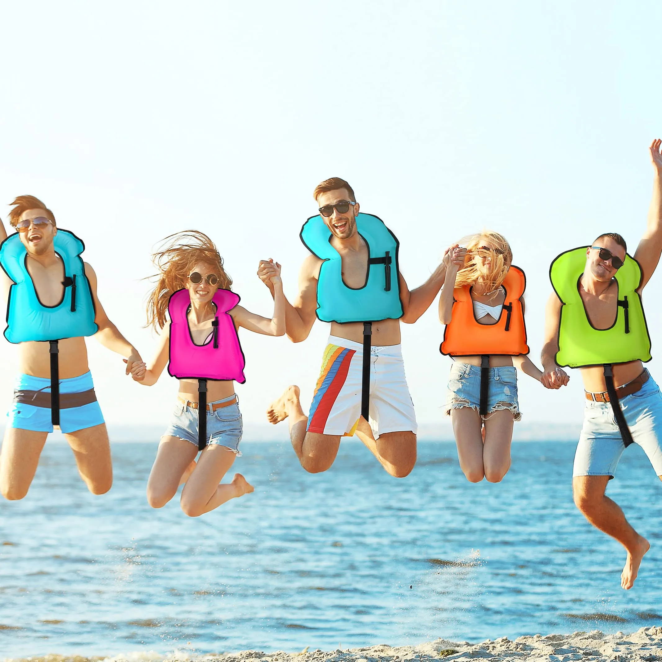 Wettarn 4 Pcs Snorkel Vest Adults Portable Inflatable Swim Vest Buoyancy Aid Swim Jackets with Portable Storage Bag for Adult Youth Kids Snorkeling Swimming Diving Safety, Green, Orange, Blue, Pink