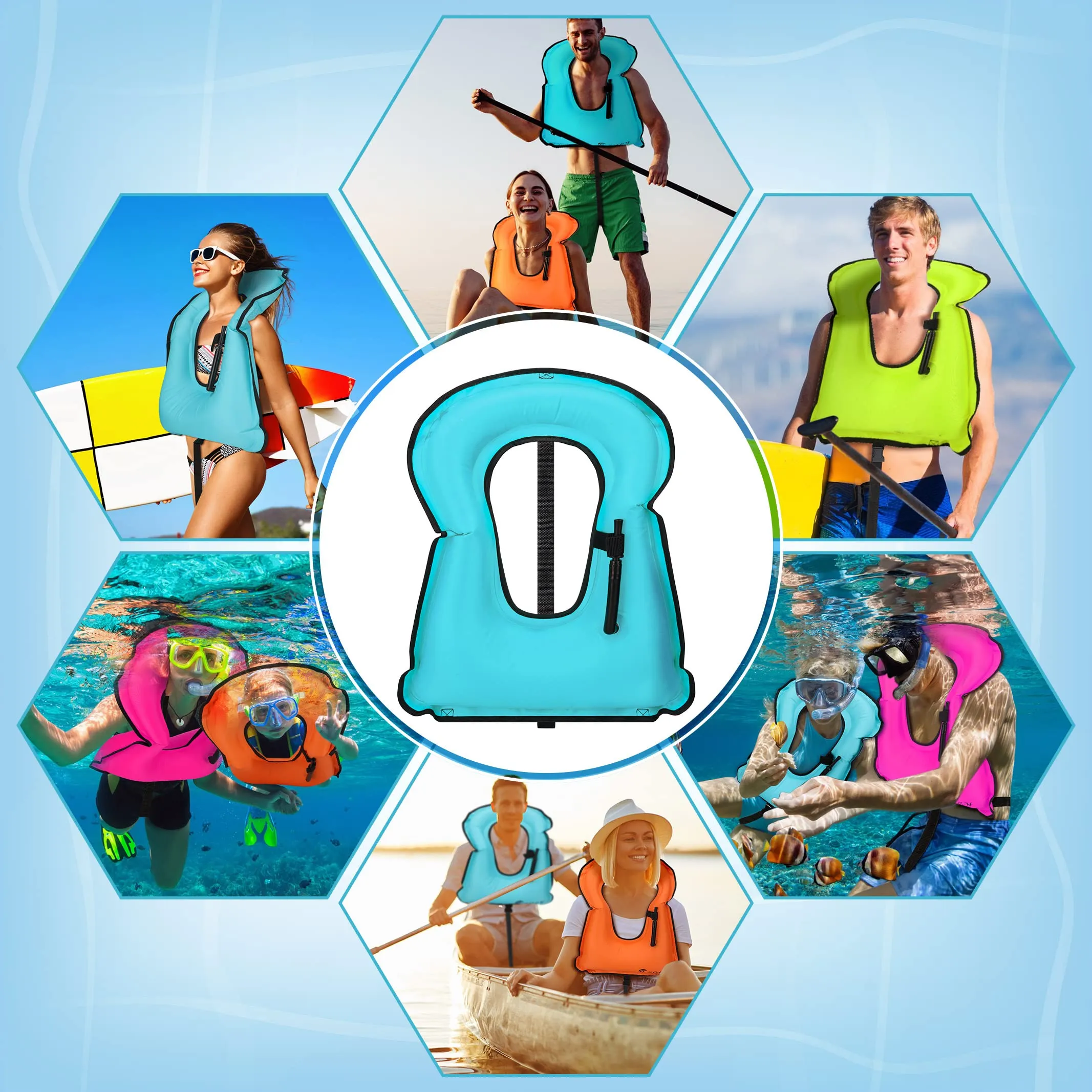 Wettarn 4 Pcs Snorkel Vest Adults Portable Inflatable Swim Vest Buoyancy Aid Swim Jackets with Portable Storage Bag for Adult Youth Kids Snorkeling Swimming Diving Safety, Green, Orange, Blue, Pink