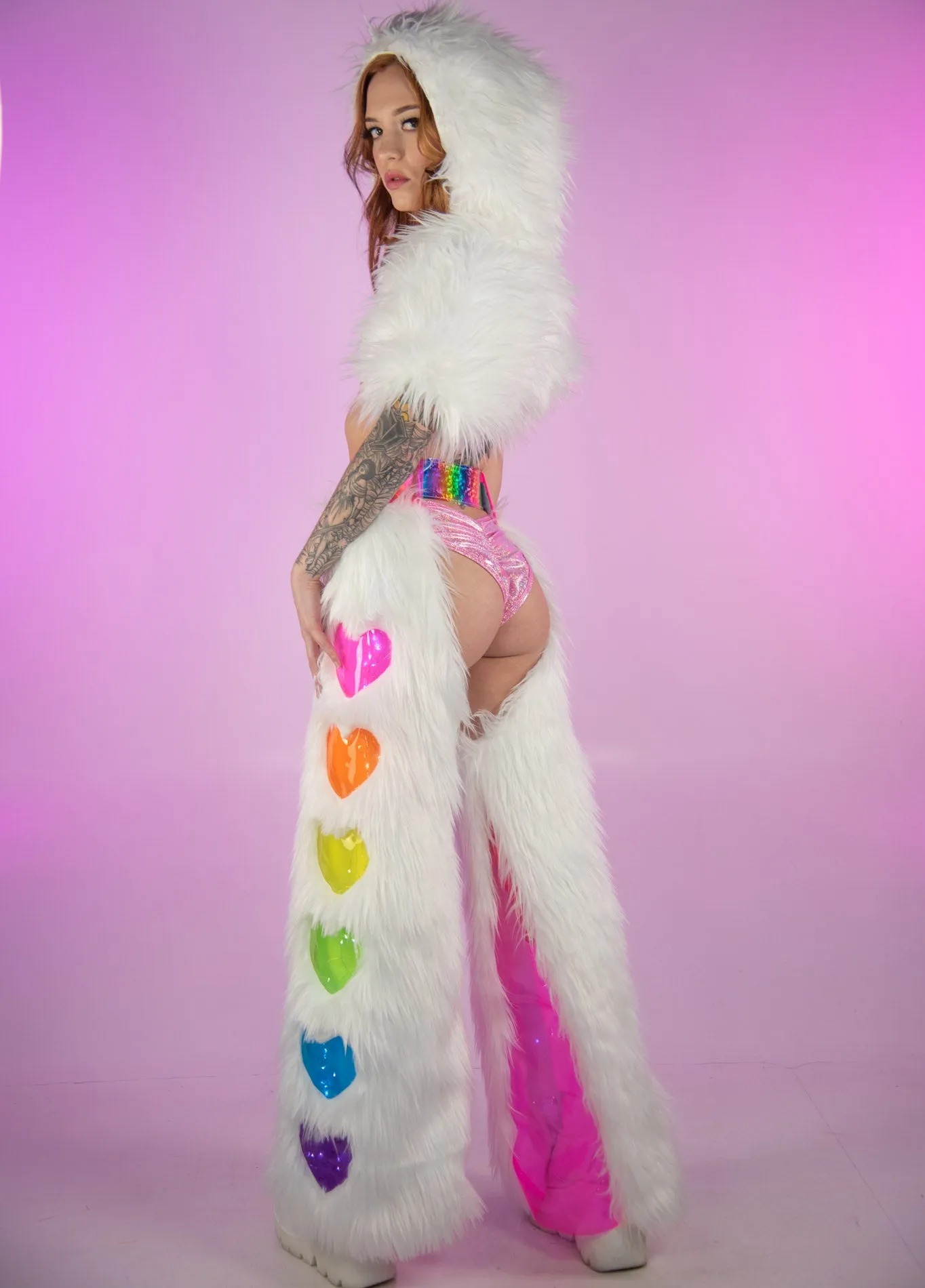 White Pastel Faux Fur Rainbow Heart Light Up Chaps