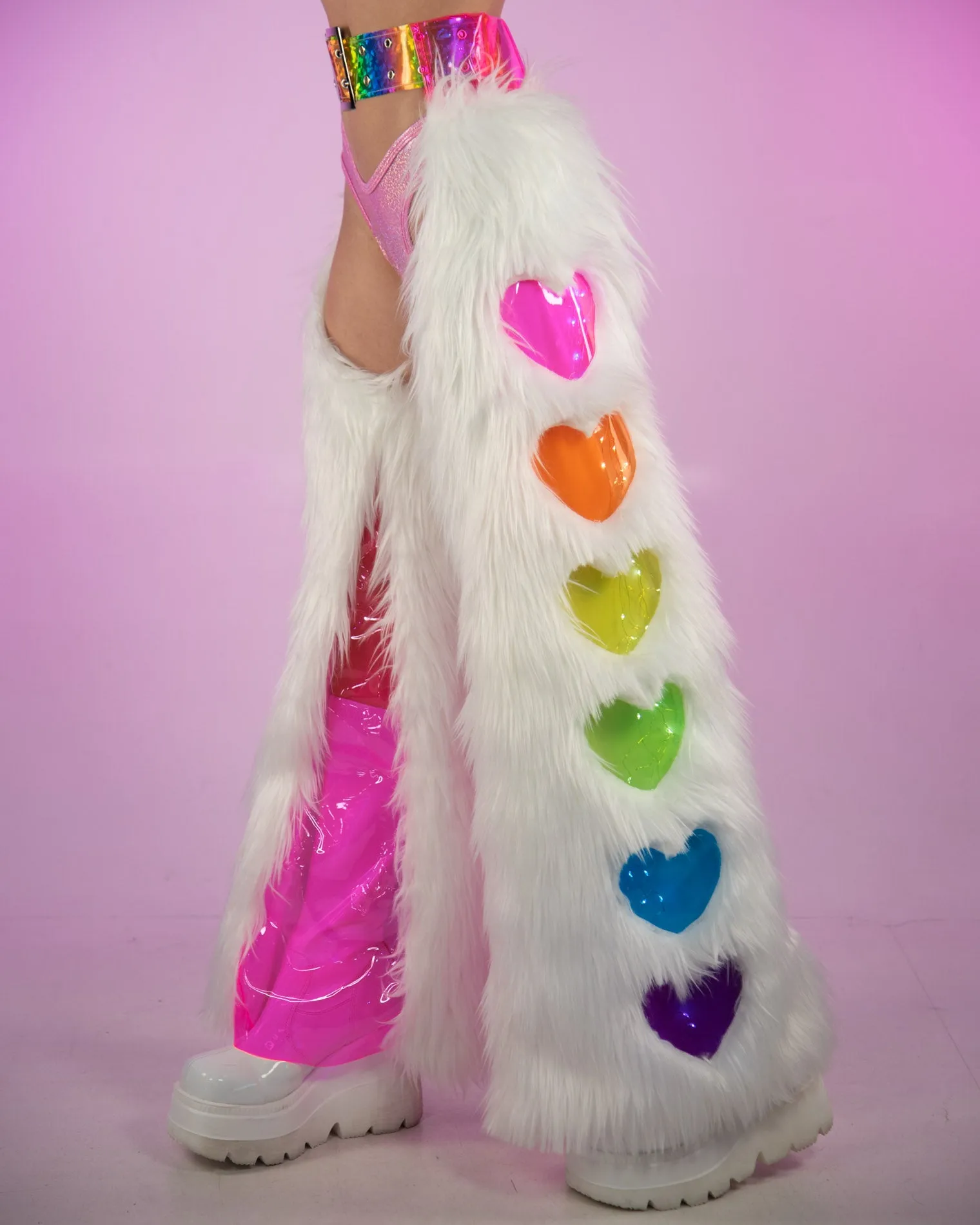White Pastel Faux Fur Rainbow Heart Light Up Chaps