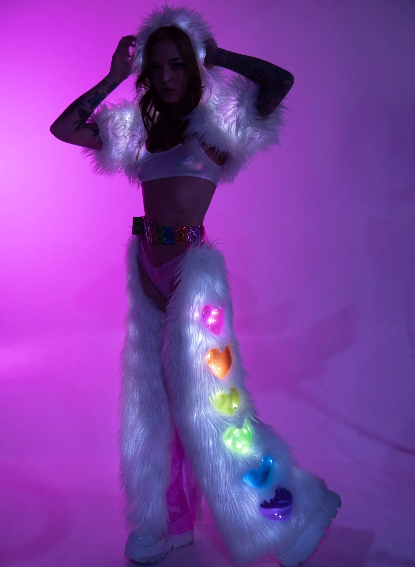 White Pastel Faux Fur Rainbow Heart Light Up Chaps