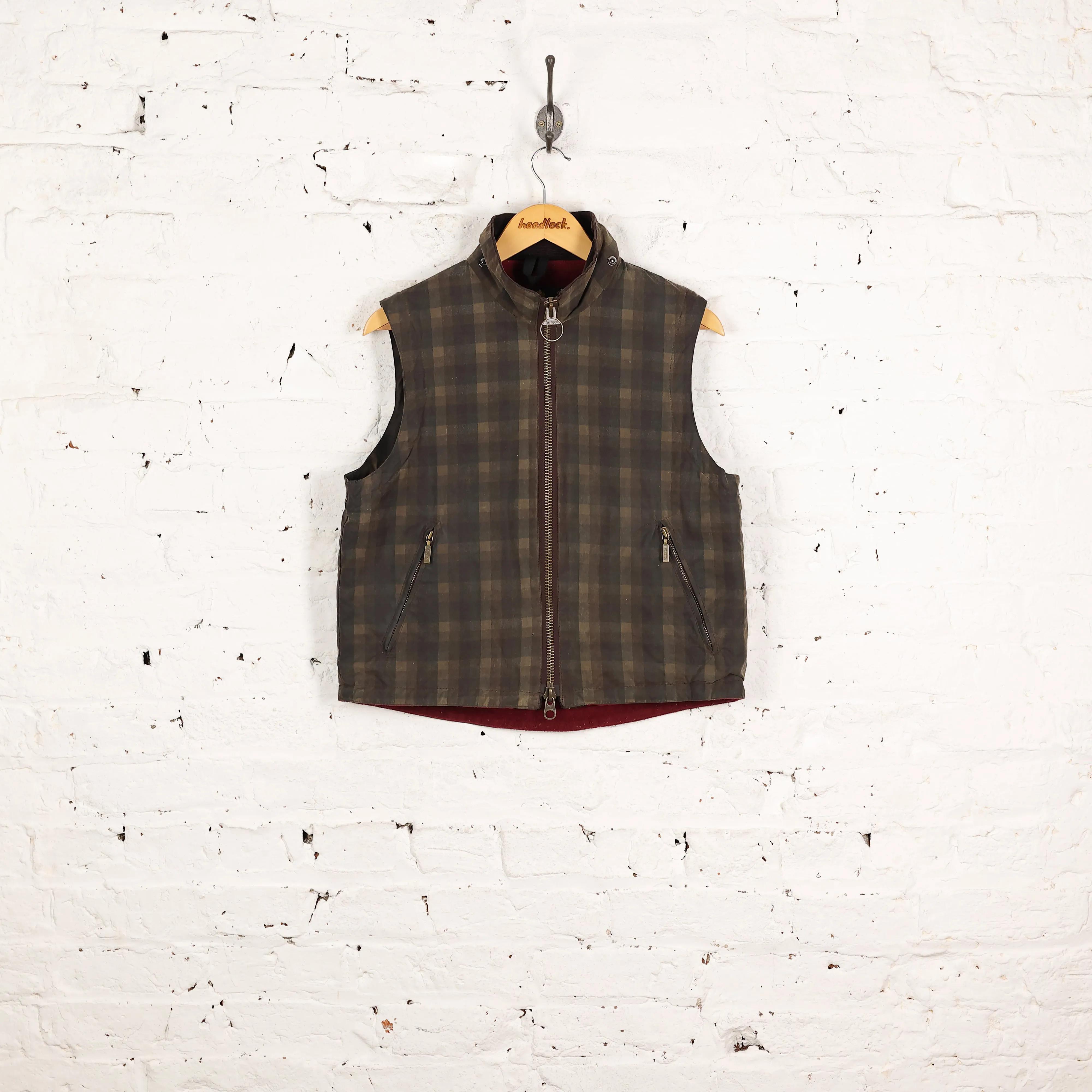 Women's Check Barbour Sleeveless Wax Zip Off Sleeve Jacket - Green - Women's M