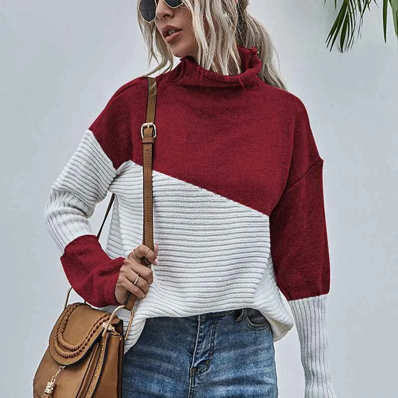 Womens Color Block Turtleneck Sweaters for Women Long Sleeve Cable Knit Pullover Jumper Tops  K339