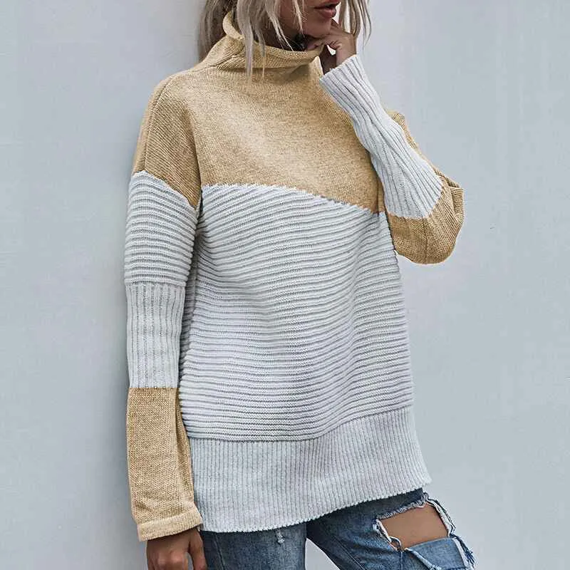 Womens Color Block Turtleneck Sweaters for Women Long Sleeve Cable Knit Pullover Jumper Tops  K339