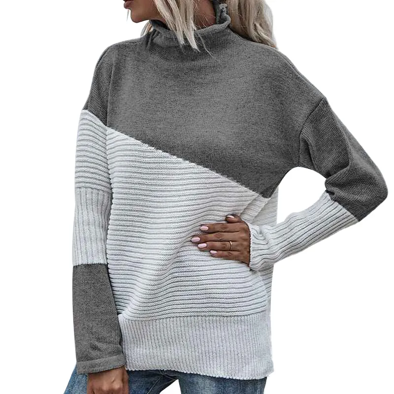 Womens Color Block Turtleneck Sweaters for Women Long Sleeve Cable Knit Pullover Jumper Tops  K339