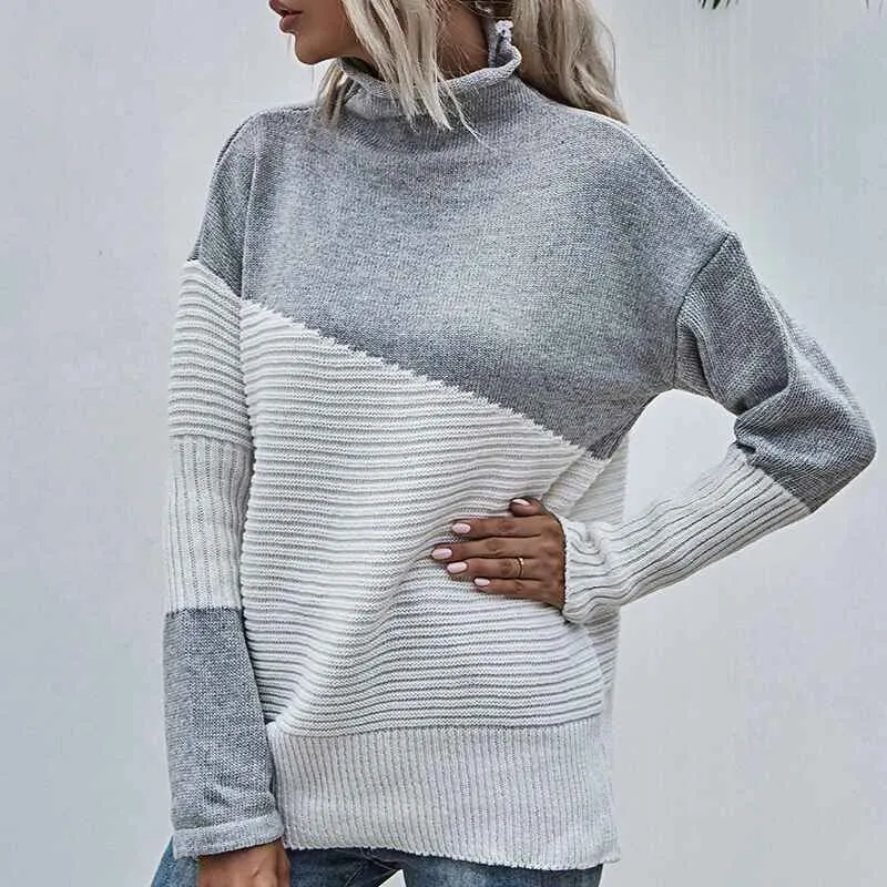 Womens Color Block Turtleneck Sweaters for Women Long Sleeve Cable Knit Pullover Jumper Tops  K339