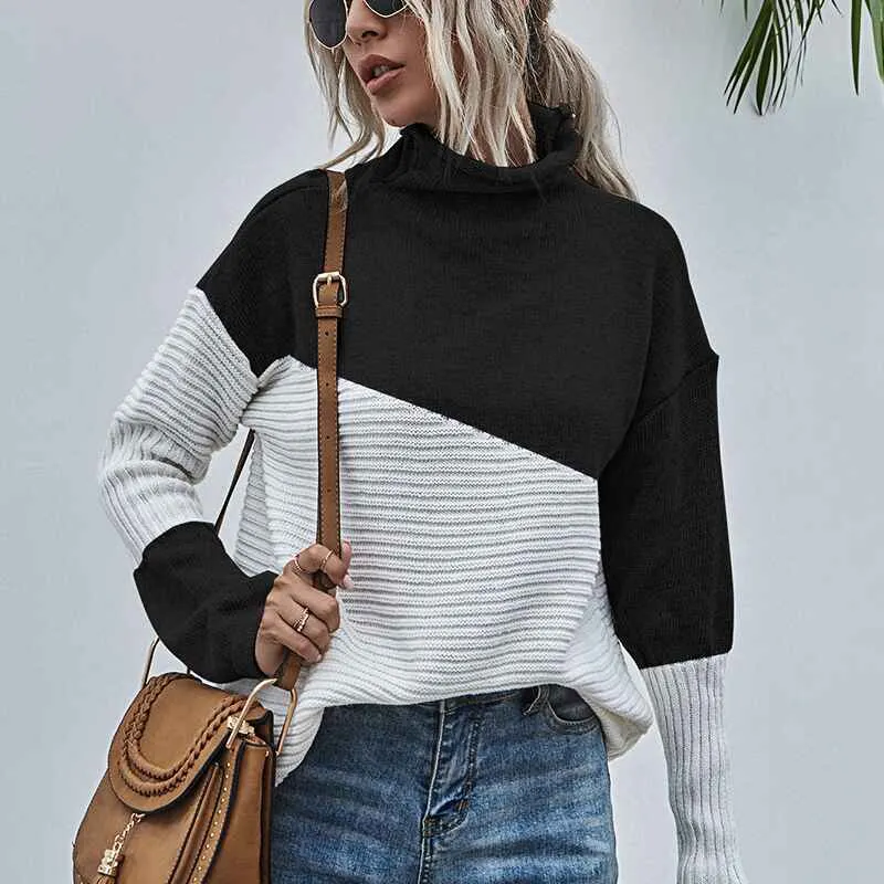 Womens Color Block Turtleneck Sweaters for Women Long Sleeve Cable Knit Pullover Jumper Tops  K339