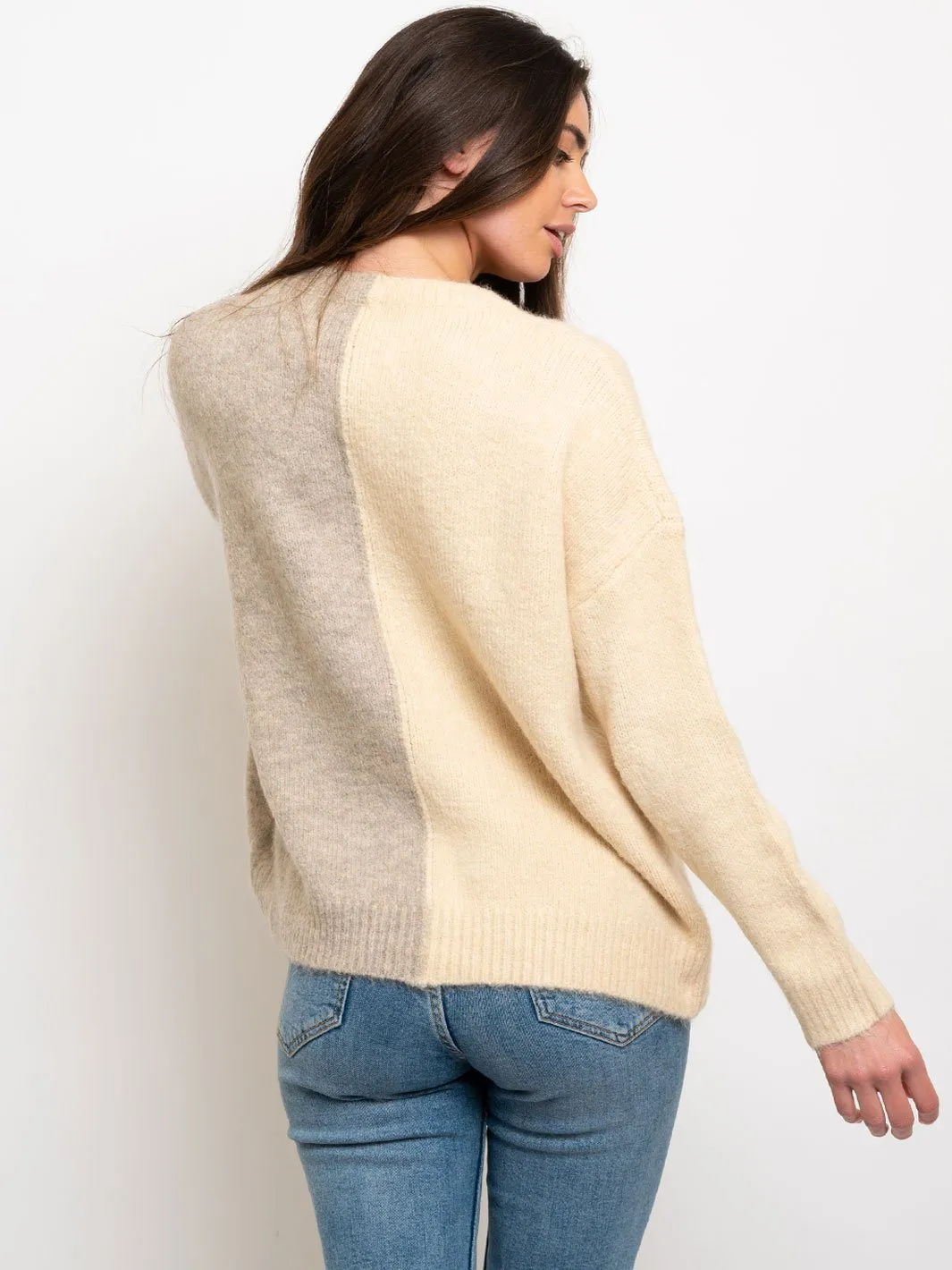 WOMEN'S HI-LOW CREWNECK COLOR BLOCK SWEATER