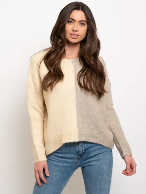 WOMEN'S HI-LOW CREWNECK COLOR BLOCK SWEATER