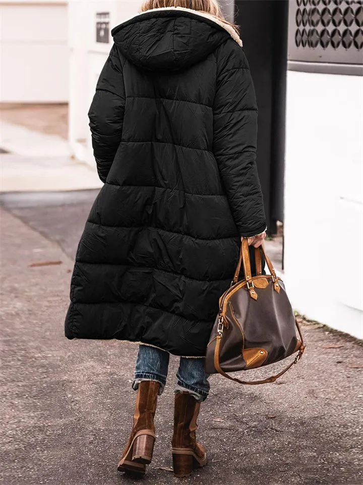 Women's Long Hooded Jacket Fleece Reversible Coat
