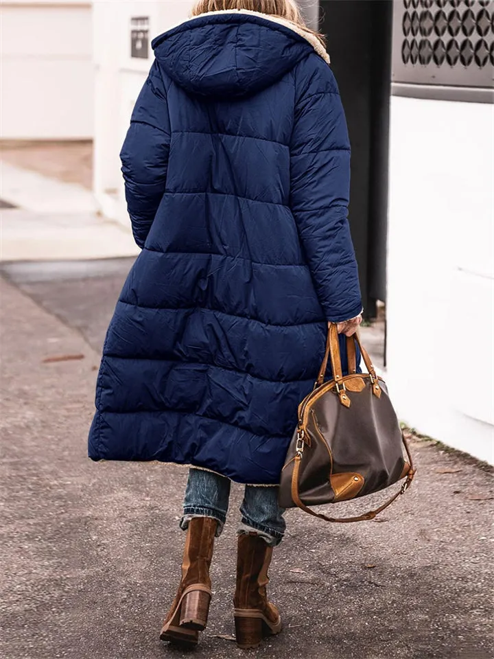 Women's Long Hooded Jacket Fleece Reversible Coat