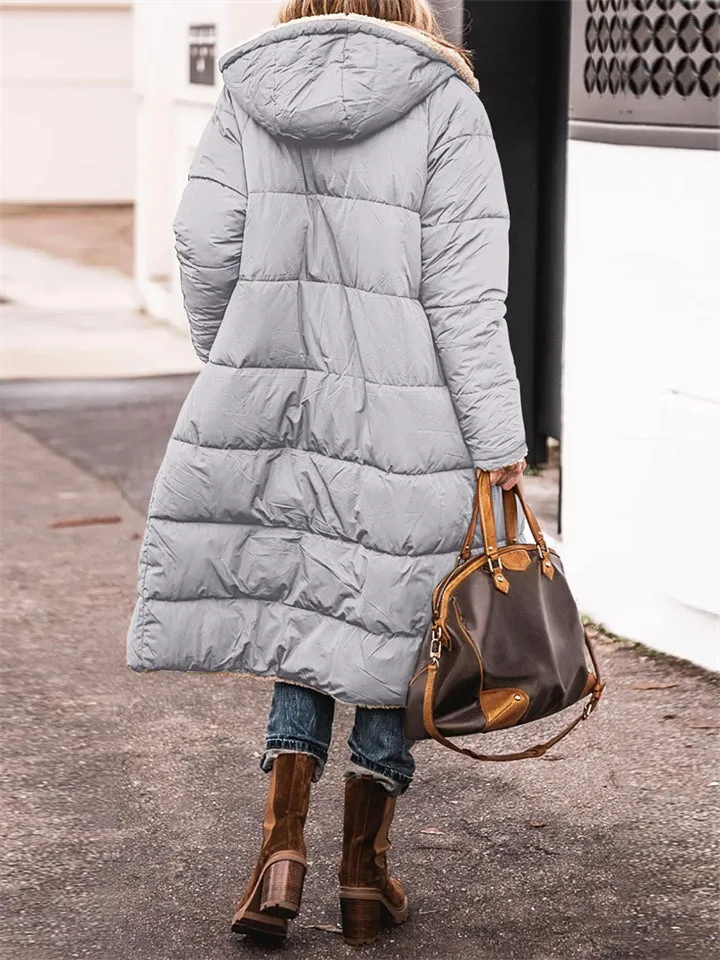 Women's Long Hooded Jacket Fleece Reversible Coat