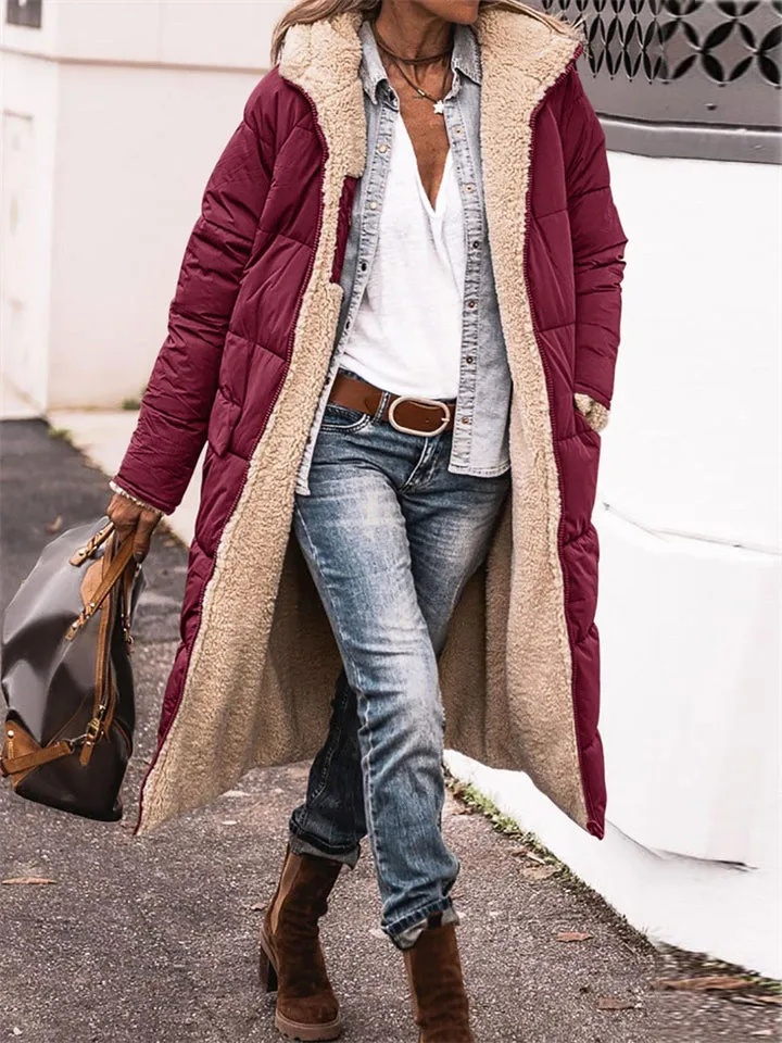 Women's Long Hooded Jacket Fleece Reversible Coat