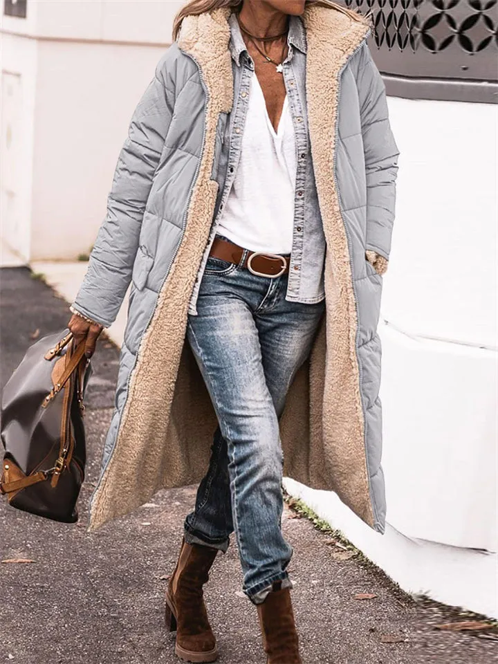 Women's Long Hooded Jacket Fleece Reversible Coat