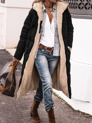 Women's Long Hooded Jacket Fleece Reversible Coat