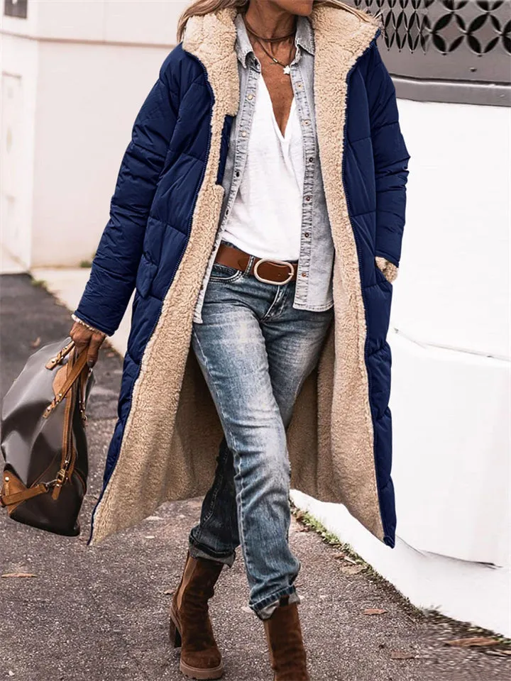Women's Long Hooded Jacket Fleece Reversible Coat