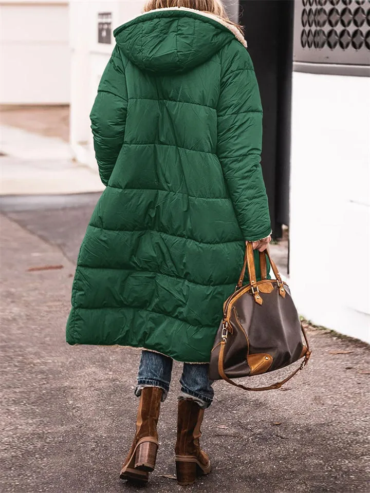 Women's Long Hooded Jacket Fleece Reversible Coat