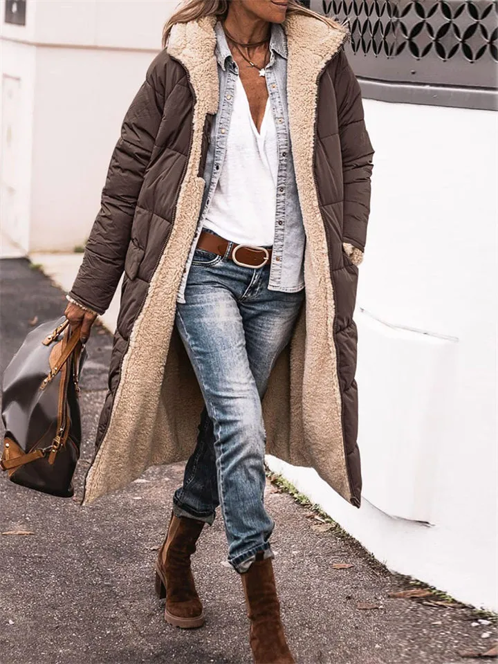 Women's Long Hooded Jacket Fleece Reversible Coat