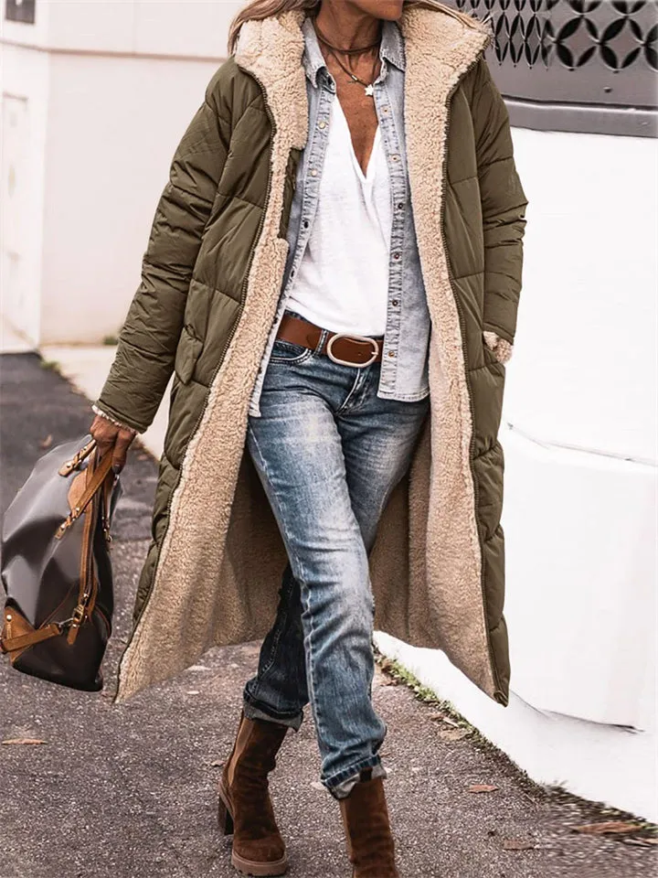 Women's Long Hooded Jacket Fleece Reversible Coat