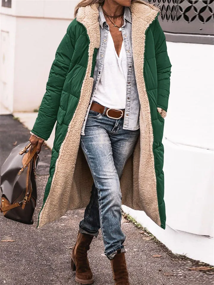 Women's Long Hooded Jacket Fleece Reversible Coat