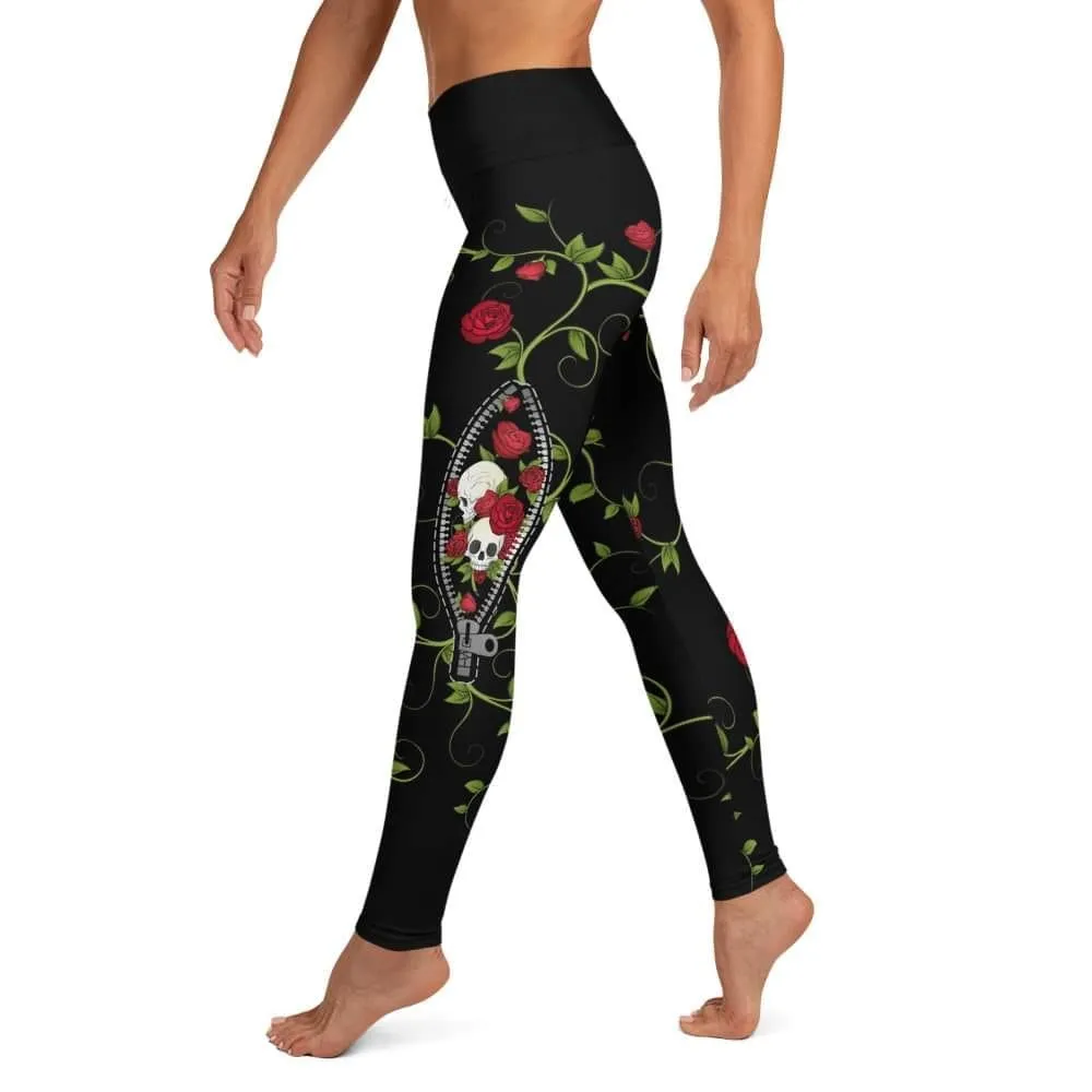 Zippered Skull with Red Roses and Vines with Pockets